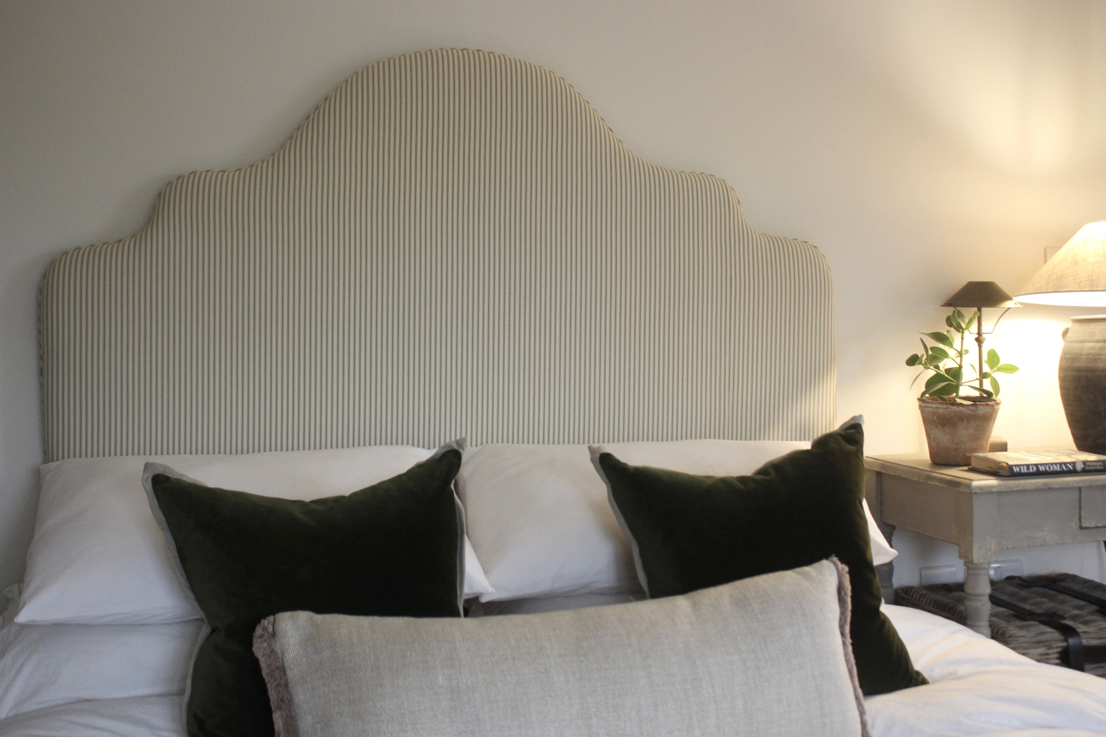 Pippa luxury handmade headboard in Ian Mankin sage stripe fabric - UK crafted
