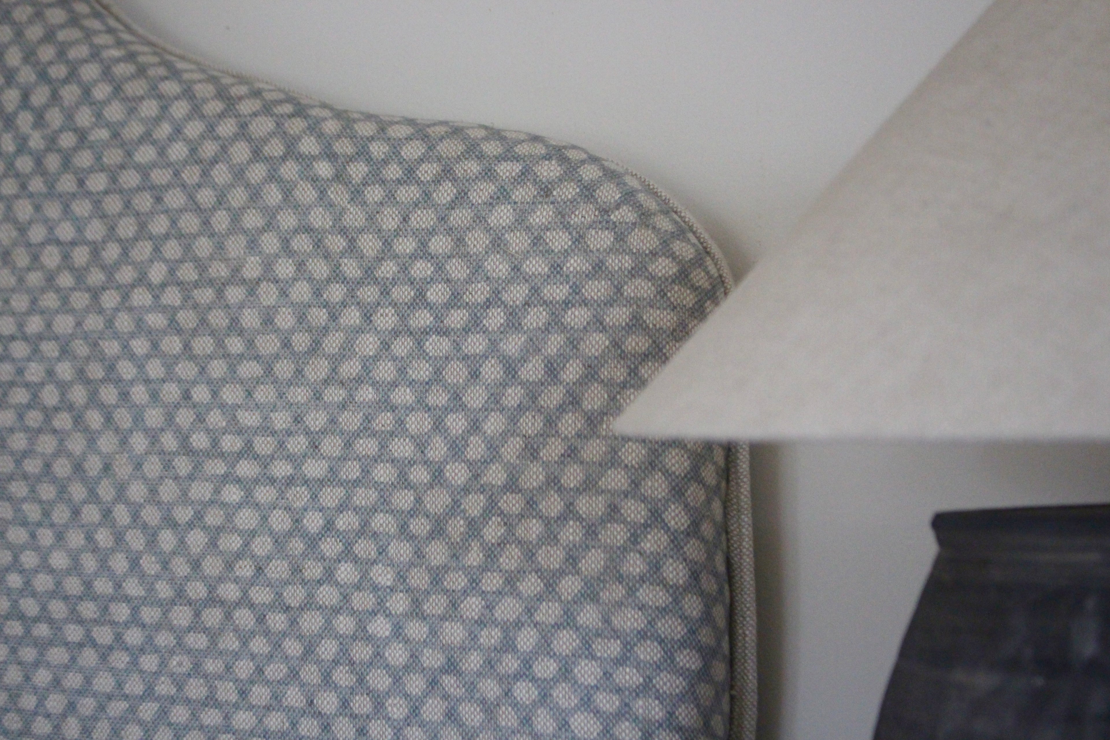 Close-up of Fermoie designer fabric on handmade Margot king headboard