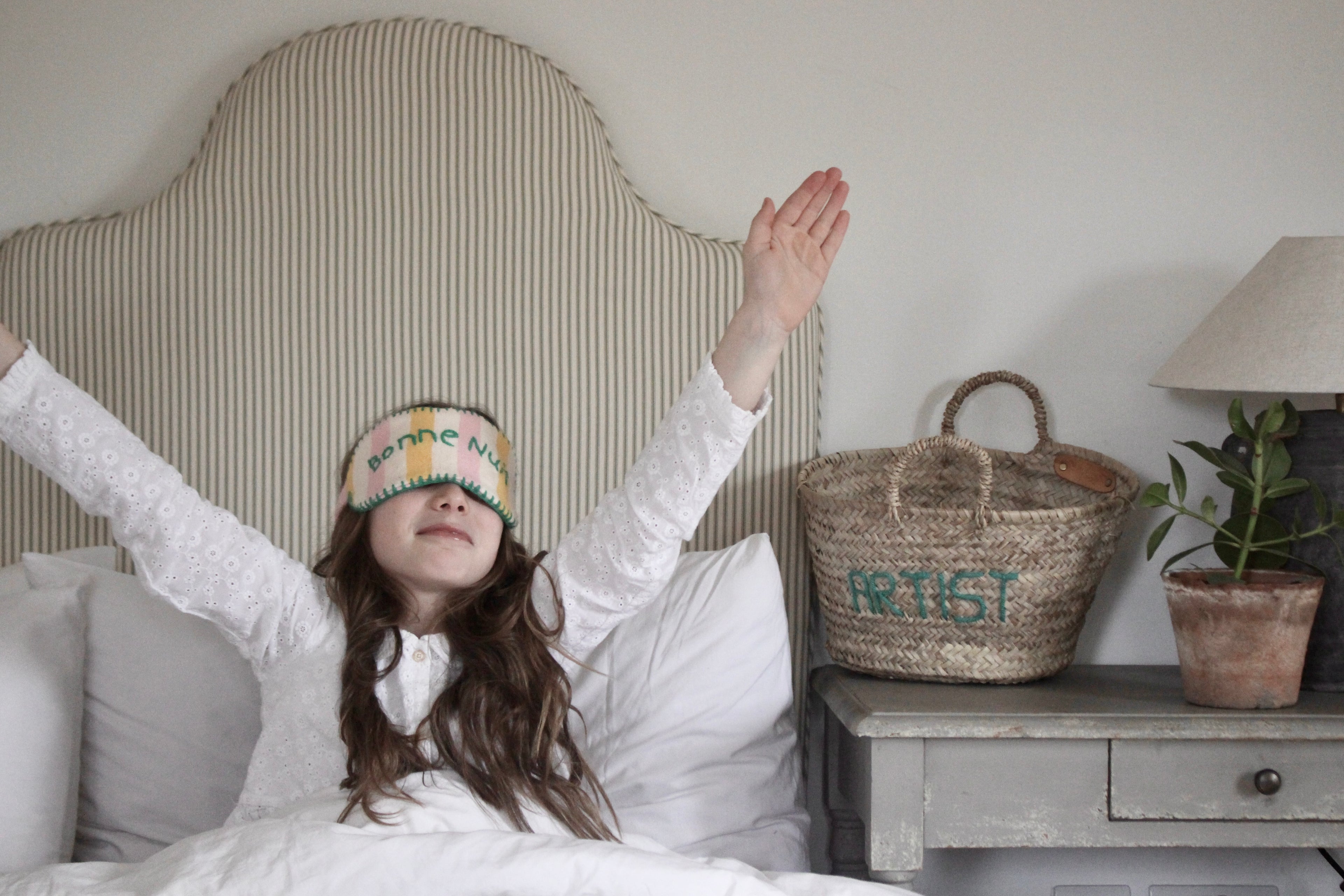 Margot single size luxury handmade headboard in Ian Mankin sage stripe - UK crafted