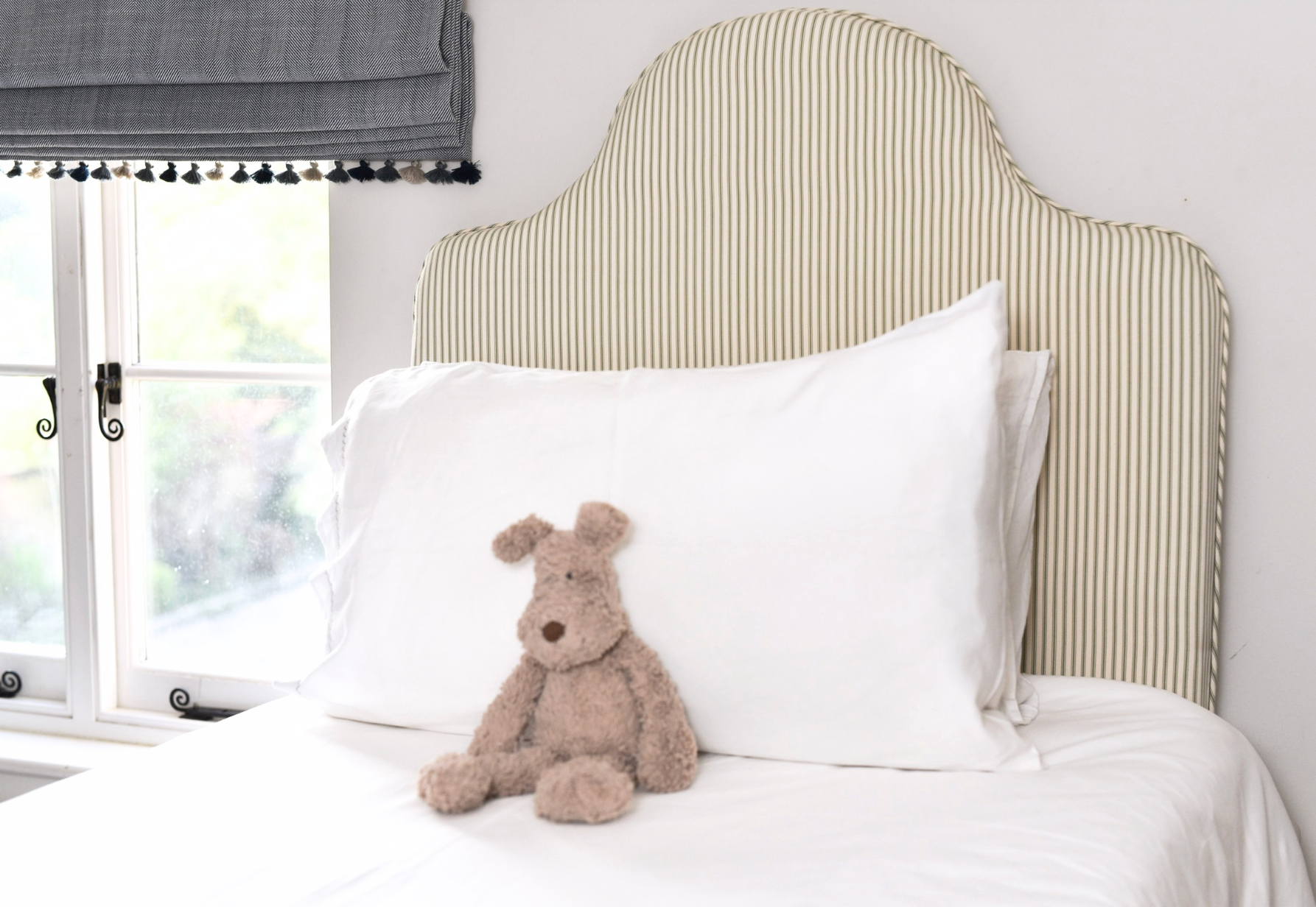 Headboard in Ian Mankin Sage Ticking Stripe